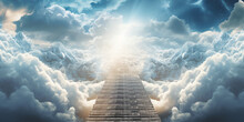 Abstract Representation Of A Stairway To Heaven Path Adorned With Clouds And A Peaceful Dove, 