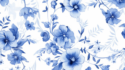  Blue flowers on white background in toile style
