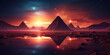 sunset over the mountains, pyramid of water with a sunset in the background, 