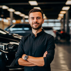 Portrait of a young confident man posing in a car showroom