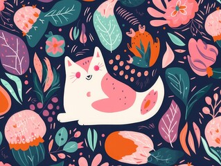 Wall Mural - Cute spring seamless pattern with cat. Decorative abstract illustration with colorful doodles. Hand-drawn modern illustration with cats, flowers, abstract, Generative AI 