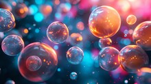 Abstract Colorful Particles Of Liquid Glowing Orbs Background. Shiny Transparent Gradient Backdrop. Strong Depth Of Field.  
