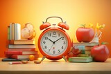 Fototapeta Tematy - Orange alarm clock with red apple and school equipment. Back to school concept background 3D Rendering