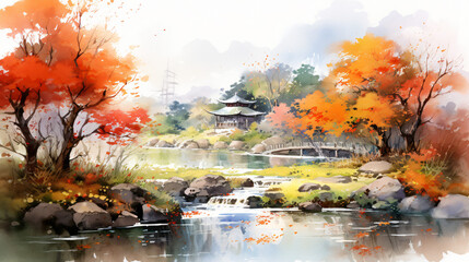  Colorful autumn ink landscape painting