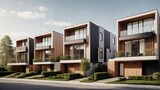 Fototapeta Dmuchawce - Private townhouses designed with a modern modular aesthetic, featuring a minimalist architectural exterior