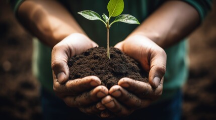 Hands holding a young green plant with soil background, World Environment Day concept Generative AI