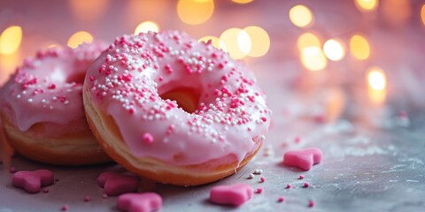 Two pink donuts with heart shaped sprinkles and bokeh lights background