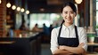 portrait of smiling asian waitress in apron standing at cafe Generative AI