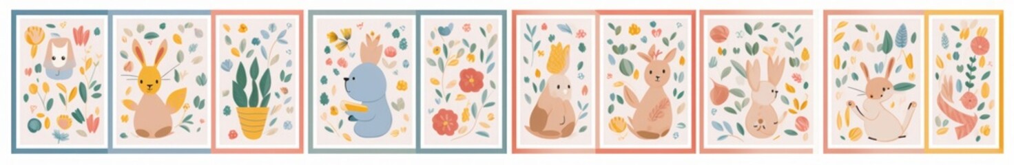 Wall Mural - Baby posters and cards with animals and flowers pattern.  illustrations with cute animals. Nursery baby illustrations, Generative AI 