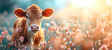 Banner Of Little Cow On The Spring Flower Background	