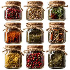 Wall Mural - Collection of various spices in jars isolated on white background, hyperrealism, png
