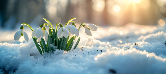 Poster - banner of Snowdrops grow from under the snow