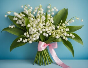 Aufkleber - white lily of the valley flowers gathered in a bouquet with green leaves and tied with a pink ribbon on a blue background with an empty seat on the right