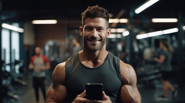 Happy athletic man using mobile phone while working out in gym and looking at camera.