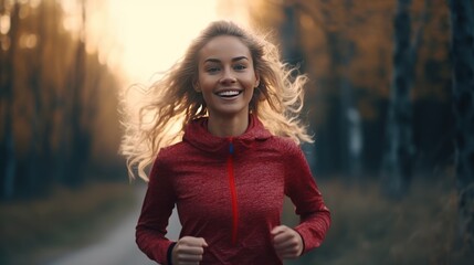 Happy athletic girl jogging outdoors. Young beautiful asian female in sports bra running outdoor.