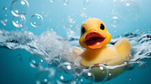 Close Up Of Adorable Yellow Rubber Duck Swimming In Water  Before A Light Blue Background With Soap Bubbles