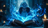 Fototapeta  - Mystical ancient wizard conjuring blue magical energy from an arcane tome in a dark, gothic cathedral setting, embodying fantasy and sorcery