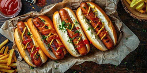 Wall Mural - Savor the Flavor: Hot Dog Food Concept in a Top View Photo, Showcasing the Tempting Arrangement of Sausage, Bun, Mustard, and Ketchup with Ample Copy Space.

