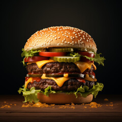 Wall Mural - Tasty burger, Homemade beef burger with crispy bacon and vegetables on rustic serving board, wooden table isolated on dark background.GEnerative AI