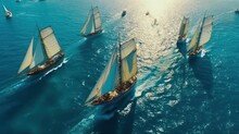 Beautiful Sailboats Sailing In A Team On A Sea Of Blue Clarity Was Captured By An Aerial Drone.