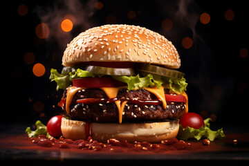 Wall Mural - Tasty burger, Homemade beef burger with crispy bacon and vegetables on rustic serving board, wooden table isolated on dark background, Craft beef burger, GEnerative AI