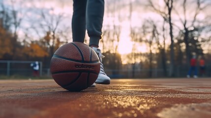 Wall Mural - Basketball player feet and ball, view from the ground.