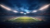 Fototapeta Sport - American football stadium 3d with bright floodlights at night. grass field and blurred fans at playground view.