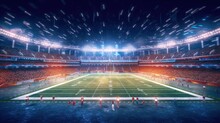 Football Stadium 3d With Bright Floodlights At Night. Grass Field And Blurred Fans At Playground View.