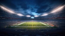 American Football Stadium 3d With Bright Floodlights At Night. Grass Field And Blurred Fans At Playground View.