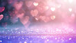 purple and pink glitter vintage lights background. defocused. hearts overlay
