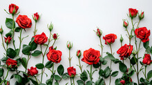 Beautiful Red Roses And Buds On White Background With Space For Text. Top View, Flat Lay, Generative Ai