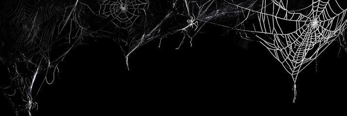 Wall Mural - Real creepy spider webs hanging on black banner