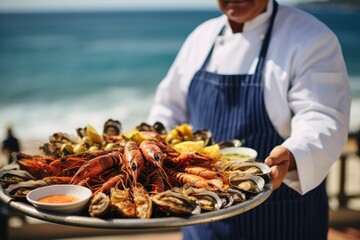 Poster - Seafood in Galicia: Dive into the Culinary Extravaganza as a Galician Chef Showcases a Platter Full of Fresh Clams, Mussels, Scallops, Octopus, and Local Specialties.