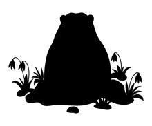 Silhouette Of Animal Marmot In Snow With Snowdrops. Holiday Groundhog Day February 2. Vector Illustration.
