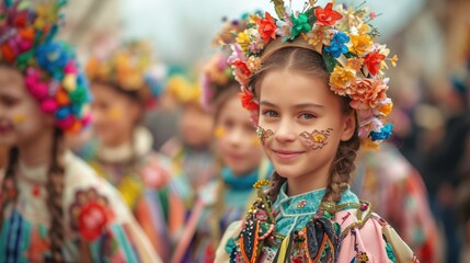 portrait of a woman in traditional clothing. traditional Easter parade with people in folk costumes, a celebration of cultural heritage in a vibrant community setting,