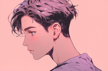 portrait in profile of a young handsome anime guy with short hair on a pale pink background