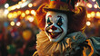 a clown face portrait, the joker wears a grinning smile with laughter in his eyes and a red nose, adding a twist to the circus spectacle.