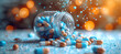 blue and white pills falling from a jar on a white,light-focused, blurred, rounded, dark cyan and silver,.