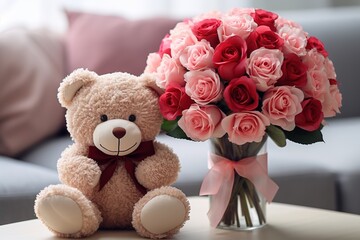 Wall Mural - closeup of a beautiful bouquet of red and pink roses flowers in a vase with cute teddy bear in interior of living room on blurred background