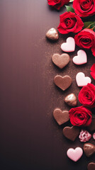 Wall Mural - St Valentines dark brown background with heart shaped candies and red roses, with copy space for text, couple love concept