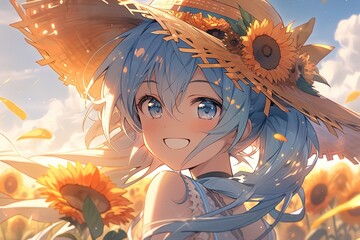 Wall Mural - portrait of a beautiful anime girl with blue hair in a straw hat on a field of sunflowers