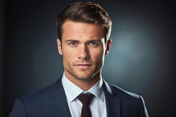 Poster - Portrait of a handsome young businessman in suit on grey background.