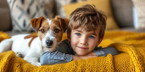Wall Mural - At home, a young boy plays with his dog. Generative Ai.