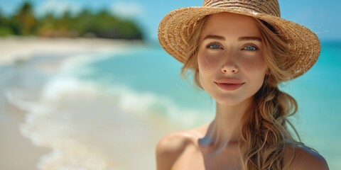 Wall Mural - Summer beach vacation concept. Young beautiful woman wearing hat relaxing enjoying view of ocean beach on hot summer day