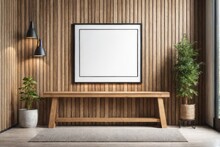 Wooden Bench Near Wood Lining Paneling Wall With Blank Mock Up Poster Frame. Farmhouse Interior Design Of Modern Entrance Hall.