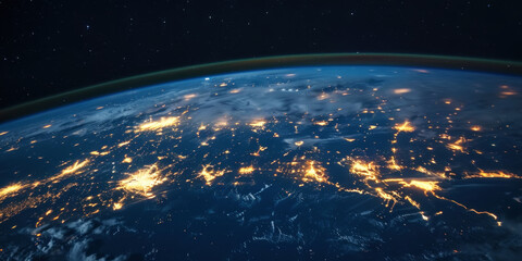 Wall Mural - big city lights view from space. planet earth globe with night realistic world map. communication co
