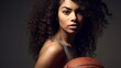 Portrait, basketball player or black woman isolated on gradient background in action, challenge and body workout. Indian person or fitness model in studio training, exercise and ball in focus mindset.