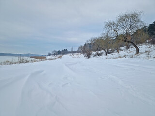 Wall Mural - Wintertime landscape with snowdrifts near the forest and the frozen lake