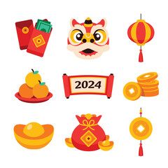 Chinese new year icon set. Flat design element in cartoon modern geometric style on isolated background. Lion dance, money, gold ornament for ads, promotion banner decoration. Vector illustation.