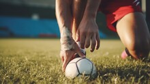 Injury, Sports And Hand Of A Man On Foot Pain, Soccer Emergency And Accident While Training. Fitness, Problem And An Athlete Or Football Player With Inflammation Or A Swollen Muscle On The Field.
